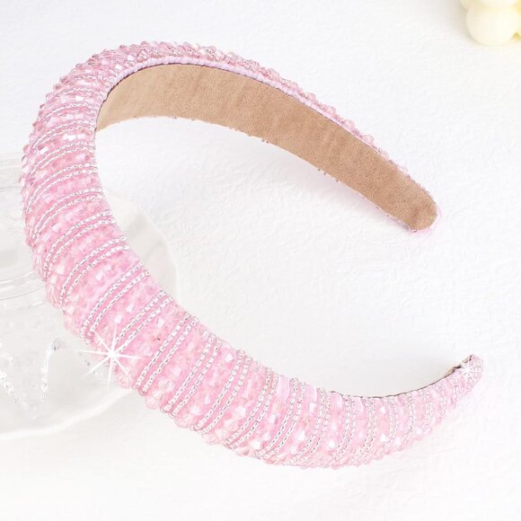Elegant Beaded Light Pink Silver Padded Hair Headband